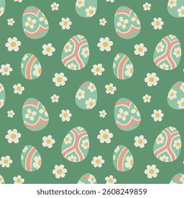 Floral vector seamless pattern with pastel eggs and daisies on a green background