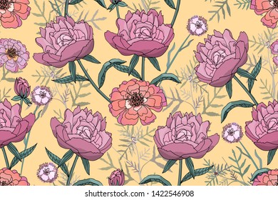 Floral vector seamless pattern with peonies and tagetes. Isolated vector pink flowers with green leaves and stems on a light yellow background.