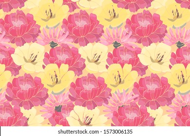 Floral vector seamless pattern with peony, camelia. Pink and yellow garden flowers isolated on light yellow background.
