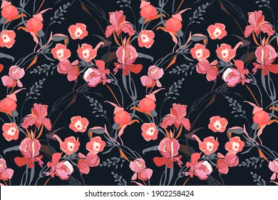 Floral vector seamless pattern. Pink ipomoea, peony, iris flowers, grey branches, leaves isolated on a black background. Tile pattern.