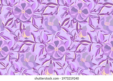 Floral vector seamless pattern. Purple flowers, buds, leaves isolated on a purple background for textiles, fabric, wallpaper design, accessories, digital paper, cards, banners.