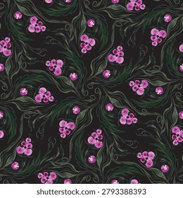 Floral vector seamless pattern from purple berries and dark leaves on a black background 