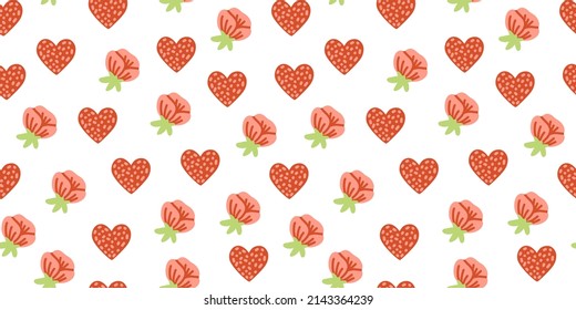 Floral Vector Seamless Pattern with Red Roses and Hearts on a White Background. Romantic Heart simple wallpaper. Valentines day background. Children's print.