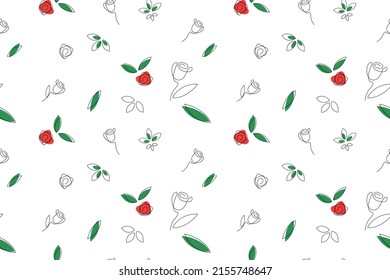 Floral vector seamless pattern of red roses, buds, green leaves