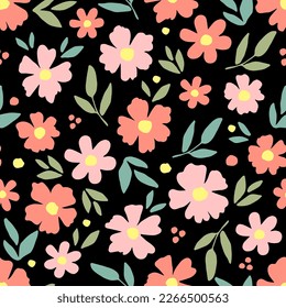 Floral vector seamless pattern. Red, pink flowers, green leaves on a black background. For fabric prints, textile products. Spring summer collection.