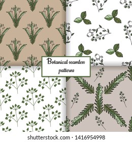 Floral vector  seamless pattern set,  hand drawn doodle flowers and herbts,  Vector botanical ornament  for creating interesting designs, invitations and cards.