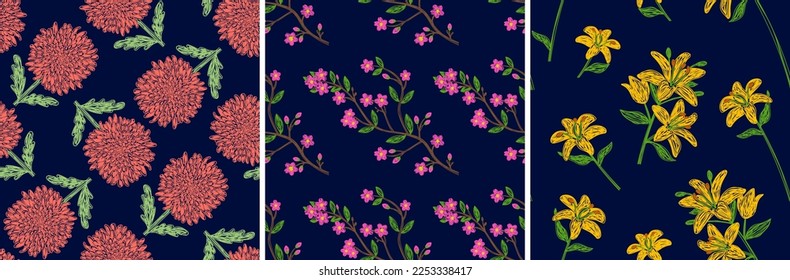 Floral vector seamless pattern set. Pen or marker flowers sketch illustrations. Hand drawn natural pencil drawing. Sakura, Lily and Chrysanthemum