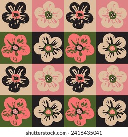 Floral vector seamless pattern. Simple flowers in geometric square shapes. Block print design. Modern trendy flowers hand drawn with brush texture. Bold floral background for textile, fabrics, poster