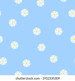 Floral vector seamless pattern. Small white daisy on blue background. Cute  chamomile print for fabric. Summer and spring decoration for children.