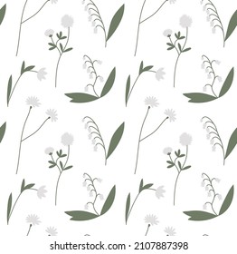 Floral vector seamless pattern with spring meadow wild flowers. White wildflowers hand drawn illustration isolated on white background. For wrapping, fabric, wallpaper.