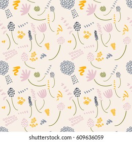 Floral vector seamless pattern with stylized flowers, geometric shapes, brush strokes. Simple shapes of flowers like lavender, clover in pink, yellow,gray, blue and green on beige background.