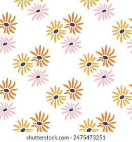Patrón sin costuras de Vector floral. Flor simple de moda sobre fondo blanco. Ilustración de flores de prado de verano. Impresión tropical para papel digital, envoltura, scrapbooking, ropa de bebé, Fondo de pantalla.