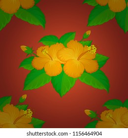 Floral vector seamless pattern. Tropical floral seamless pattern with green, yellow and orange hibiscus flowers. Vector illustration.