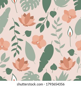 Floral vector seamless pattern with tropical flowers and leaves. Orchid, lotus, spathiphyllum and monstera leaf on pink background.