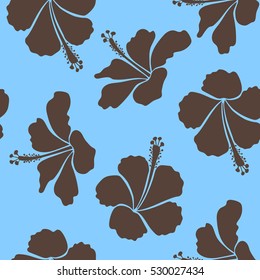 Floral vector seamless pattern. Tropical floral seamless pattern with blue and brown hibiscus flowers. Vector illustration.