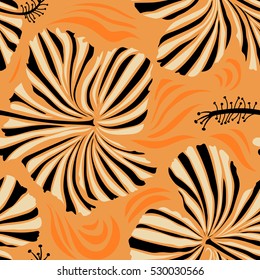Floral vector seamless pattern. Tropical floral seamless pattern with orange and beige hibiscus flowers. Vector illustration.
