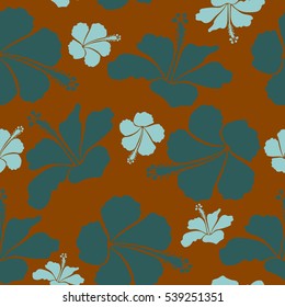 Floral vector seamless pattern. Tropical floral seamless pattern with brown and blue hibiscus flowers. Vector illustration.