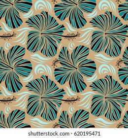 Floral vector seamless pattern. Tropical floral seamless pattern with beige, black and blue hibiscus flowers. Vector illustration.