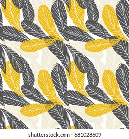 Floral vector seamless pattern with tropical leaves. Simple hand drawn leaves outlines in pastel colors.