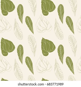 Floral vector seamless pattern with tropical leaves. Simple hand drawn leaves outlines in pastel colors.
