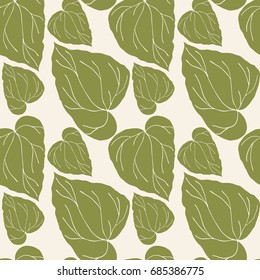 Floral vector seamless pattern with tropical leaves. Simple hand drawn leaves outlines in pastel colors.