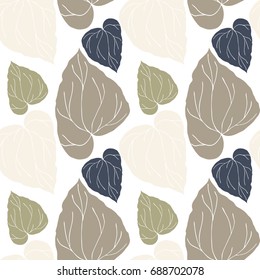 Floral vector seamless pattern with tropical leaves. Simple hand drawn leaves outlines in pastel colors.