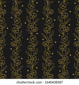 Floral vector seamless pattern with vertical gold flowers and leaves on black background; abstract doodle floral design for fabric, wallpaper, wrapping paper, textile, package, web design.