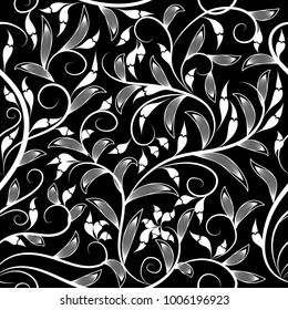 Floral vector seamless pattern. Vintage leafy black and white background with  hand drawn flowers, swirl striped leaves, line art tracery ornaments. Isolated design for fabric, wallpapers, prints