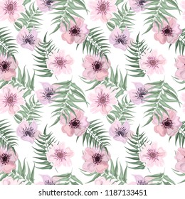 Floral vector seamless pattern. Violet flowers and fern on a white background. Textile print