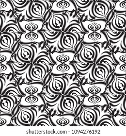 Floral  vector seamless pattern. White background with black abstract hand drawn flowers, shapes, leaves, curves, swirls. Monochrome design. Template for fabric, textile