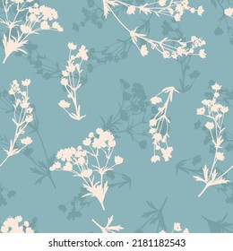 Floral vector seamless pattern. White leaves on dusty blue background. Abstract floral pattern. Simple design for fabric, wallpaper, scrapbooking, textile, wrapping paper