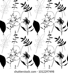
Floral vector seamless pattern with wild flowers, chestnut tree leaves and herbs. 
Monochrome plants on white background.