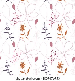 Floral vector seamless pattern with wild flowers, chestnut tree leaves and herbs. 
Pastel colors plants on white background.
