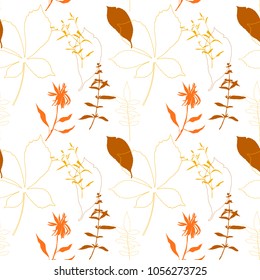 Floral vector seamless pattern with wild flowers, chestnut tree leaves and herbs. 
Pastel colors plants on white background.
