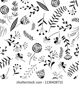 Floral vector seamless pattern with wild herbs, forest flowers and leaves. Vintage blue botanical background. Hnad drawn plants vector