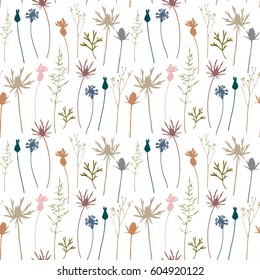 Floral vector seamless pattern with wild flowers, herbs and grasses.Thin delicate lines silhouettes of different plants - cornflower, grass, thistles. 