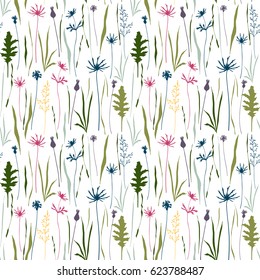 Floral vector seamless pattern with wild flowers, herbs and grasses.Thin delicate lines silhouettes of different plants - cornflower, grass, thistles. Pastel colors on white background
