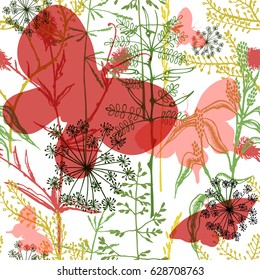 Floral vector seamless pattern. Wild herbs. Forest flowers and leaves. Vintage botanical background. Organic cosmetic.  Hand drawn natural colorful meadow grass.