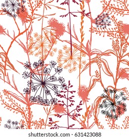 Floral vector seamless pattern. Wild herbs. Forest flowers and leaves. Vintage botanical background. Organic cosmetic.  Hand drawn natural colorful meadow grass.
