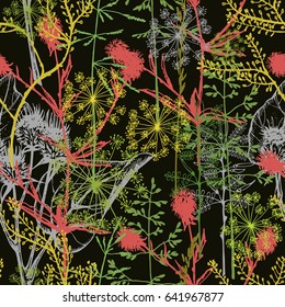 Floral vector seamless pattern. Wild herbs. Forest flowers and leaves. Vintage botanical background. Organic cosmetic.  Hand drawn natural colorful meadow grass.
