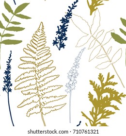 Floral vector seamless pattern with wild flowers, fern leaves and evergreen pine tree branches.
Navy blue, grey and green colors plants on white background.