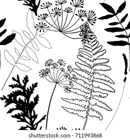 Floral vector seamless pattern with wild flowers, fern leaves and evergreen pine tree branches.