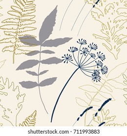 Floral vector seamless pattern with wild flowers like dill and lavender, fern leaves and evergreen pine tree branches.