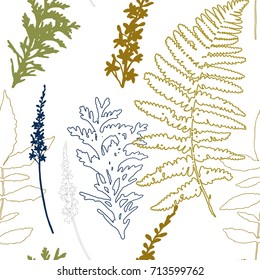 Floral vector seamless pattern with wild flowers, fern leaves and evergreen pine tree branches.
Navy blue, grey and green colors plants on white background.