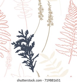 
Floral vector seamless pattern with wild flowers, fern leaves and evergreen pine tree branches.
Navy blue, pink, mustard yellow and beige colors plants on white background.