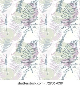 Floral vector seamless pattern with wild flowers, fern leaves , evergreen pine tree branches and abstract paint shapes. Brush strokes  in pastel colors as a background.
