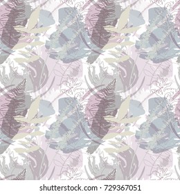 Floral vector seamless pattern with wild flowers, fern leaves , evergreen pine tree branches and abstract paint shapes. Brush strokes  in pastel colors as a background.

