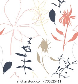 Floral vector seamless pattern with wild flowers, chestnut tree leaves and herbs. 
Pastel colors plants on white background.
