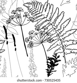 Floral vector seamless pattern with wild flowers, fern leaves and evergreen pine tree branches.
