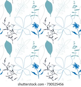 Floral vector seamless pattern with wild flowers, chestnut tree leaves and herbs. 
Pastel colors plants on white background.
